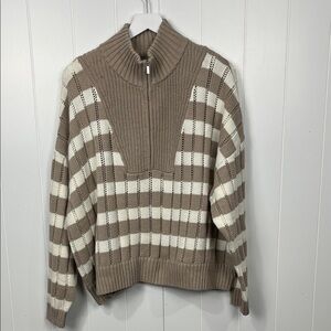 a new day Womens Tneck Knit Sweater 2X Beige Cream Stripe 1/2 Zip Soft NWT